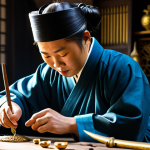 A professional East Asian artisan in a refined historical robe, meticulously crafting a delicate golden crown. They are focused, with well-formed hands precisely working on the intricate details. The setting is a brightly lit, serene ancient workshop, with faint sunlight filtering through an opening, highlighting neatly arranged tools and partially finished bronze and gold artifacts on a wooden table. The atmosphere is calm and spiritual. perfect anatomy, correct proportions, natural pose, proper finger count, natural body proportions, professional photography, high quality, highly detailed, realistic, cinematic lighting, 8K, fully clothed, modest clothing, appropriate attire, professional dress, safe for work, appropriate content, family-friendly.