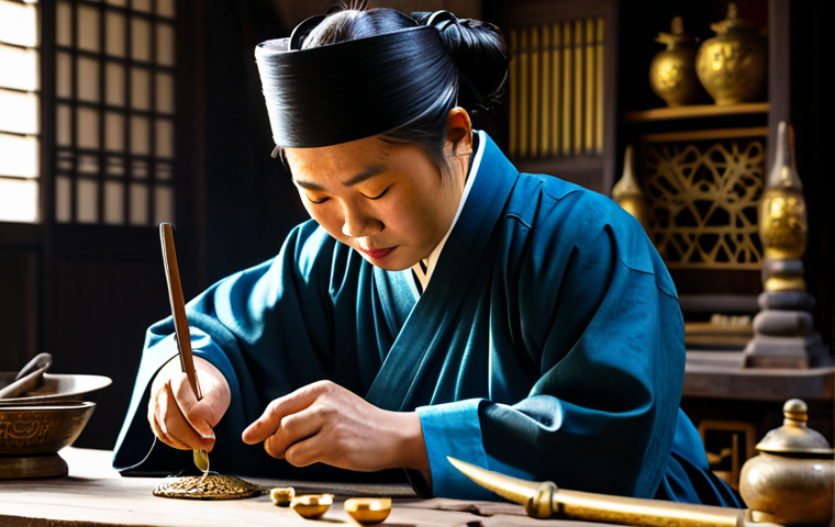 A professional East Asian artisan in a refined historical robe, meticulously crafting a delicate golden crown. They are focused, with well-formed hands precisely working on the intricate details. The setting is a brightly lit, serene ancient workshop, with faint sunlight filtering through an opening, highlighting neatly arranged tools and partially finished bronze and gold artifacts on a wooden table. The atmosphere is calm and spiritual. perfect anatomy, correct proportions, natural pose, proper finger count, natural body proportions, professional photography, high quality, highly detailed, realistic, cinematic lighting, 8K, fully clothed, modest clothing, appropriate attire, professional dress, safe for work, appropriate content, family-friendly.