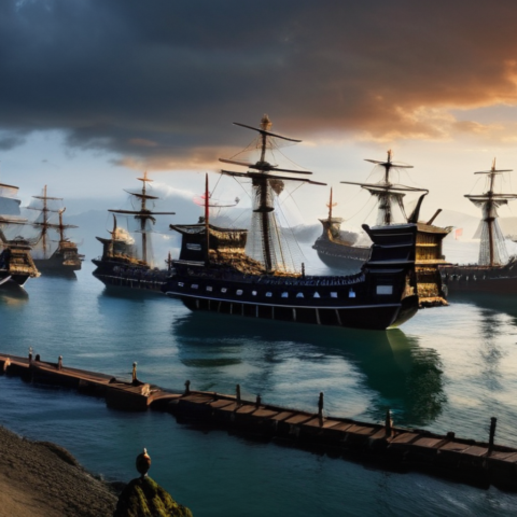 메이지 유신과 일본 근대화 - **Image Prompt 1: "The Arrival of the Black Ships: A Moment of Destiny"**
A panoramic, dramatic ...