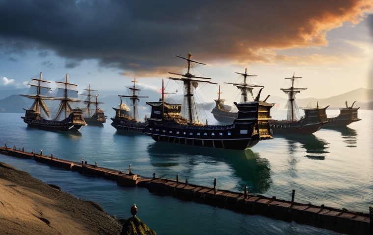 메이지 유신과 일본 근대화 - **Image Prompt 1: "The Arrival of the Black Ships: A Moment of Destiny"**
    A panoramic, dramatic ...