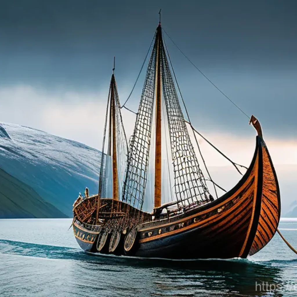 바이킹과 중세 유럽 - **A majestic Viking longship, a 'drakkar', with a vibrant striped sail, gracefully navigates through...