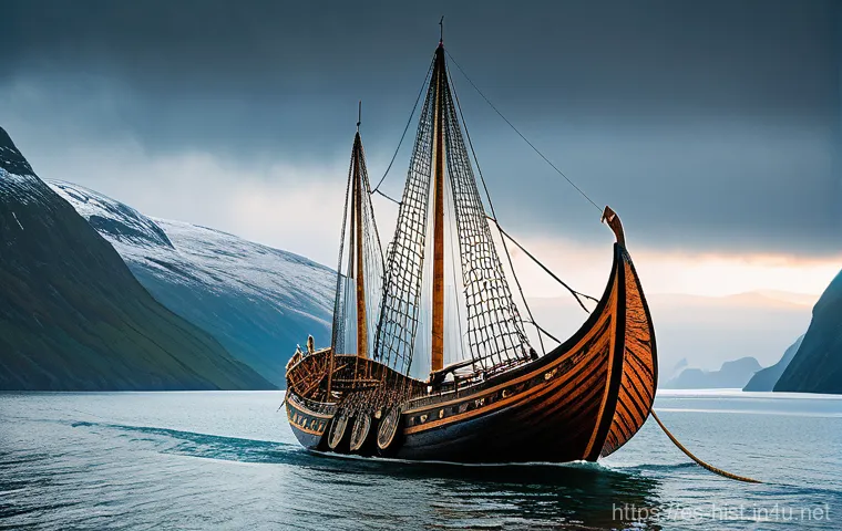 바이킹과 중세 유럽 - **A majestic Viking longship, a 'drakkar', with a vibrant striped sail, gracefully navigates through...