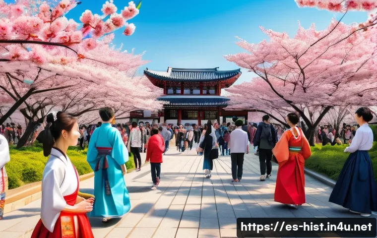 한일 관계사 - A detailed and realistic illustration of a cultural exchange festival between South Korea and Japan ...