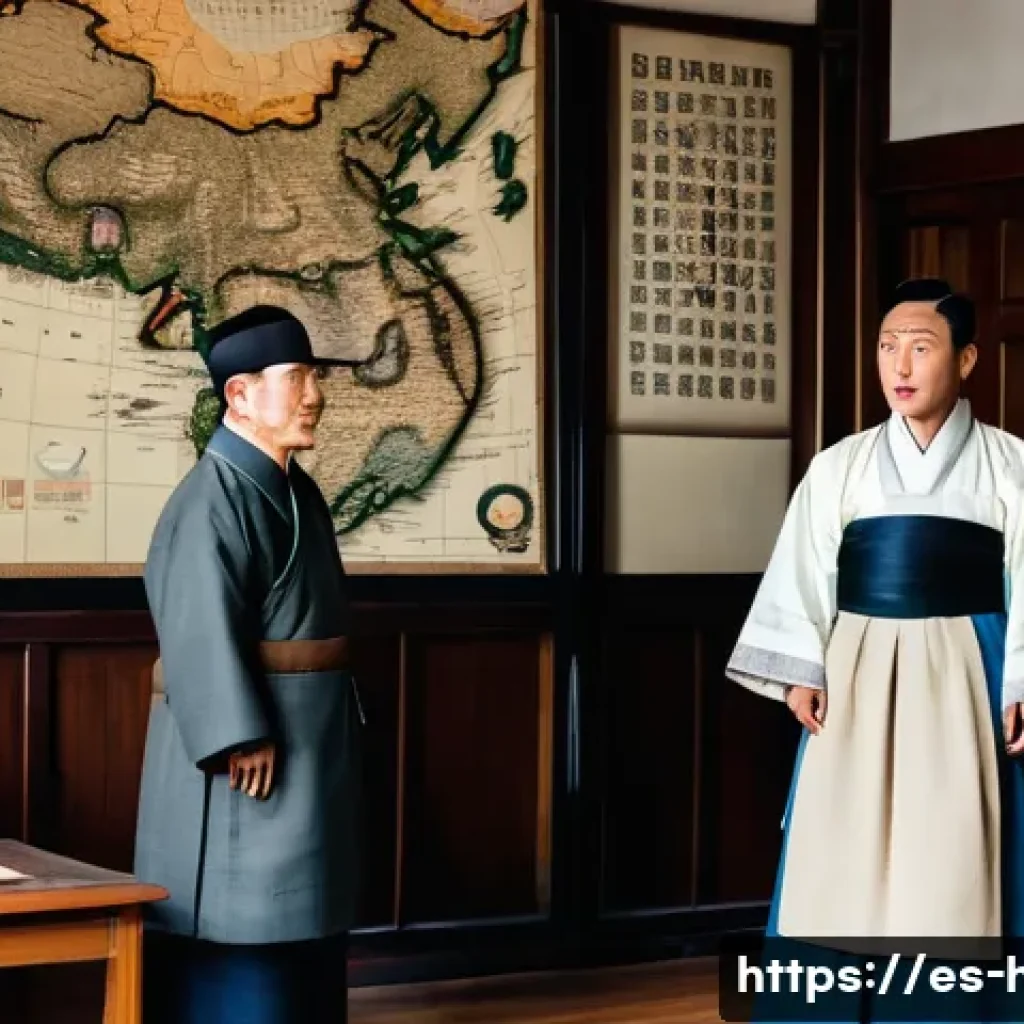 한국 독립운동가 인물 탐구 - A detailed historical scene depicting Kim Gu as a dignified middle-aged Korean man dressed in tradit...