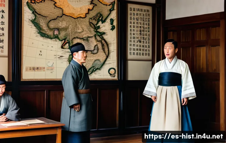 한국 독립운동가 인물 탐구 - A detailed historical scene depicting Kim Gu as a dignified middle-aged Korean man dressed in tradit...