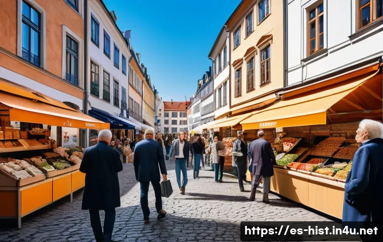 유럽연합 형성과 경제적 영향 - A vibrant European marketplace scene showing diverse small and medium-sized business owners&mdash;men and ...