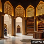 이슬람 제국의 발전 - A vibrant and detailed scene inside the House of Wisdom in medieval Baghdad, showing diverse scholar...