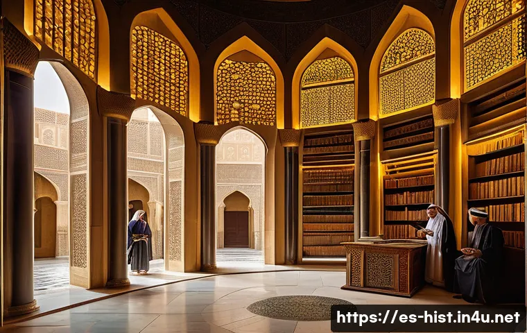 이슬람 제국의 발전 - A vibrant and detailed scene inside the House of Wisdom in medieval Baghdad, showing diverse scholar...
