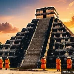 마야 아즈텍 잉카 문명 비교 - A majestic scene of a Maya city during a ceremonial event at sunset, featuring stepped pyramids like...