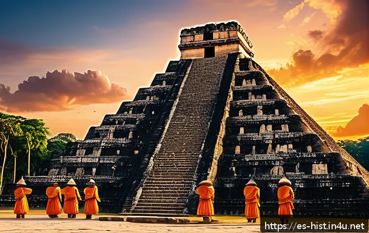 마야 아즈텍 잉카 문명 비교 - A majestic scene of a Maya city during a ceremonial event at sunset, featuring stepped pyramids like...