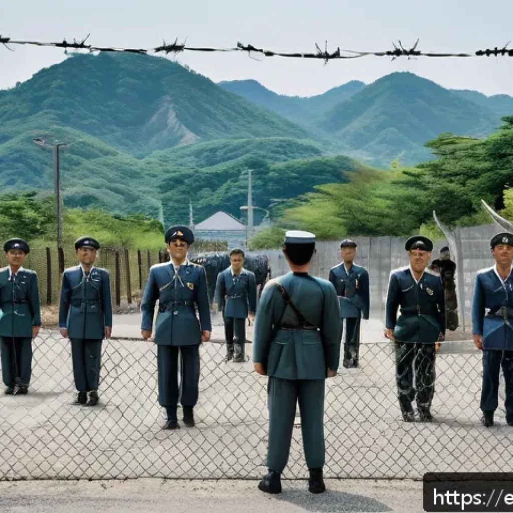 6 25 전쟁과 한반도 분단 - A detailed, realistic depiction of the heavily militarized Korean Demilitarized Zone (DMZ) at the 38...