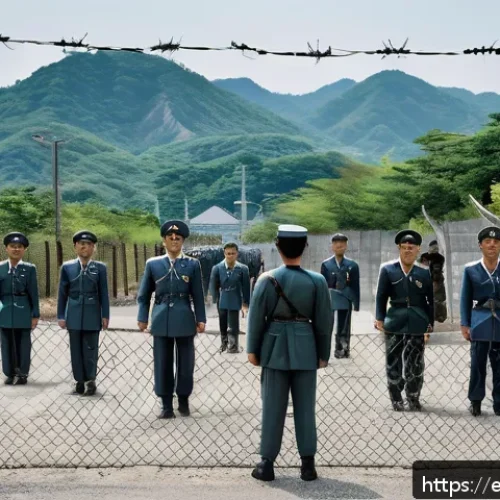 6 25 전쟁과 한반도 분단 - A detailed, realistic depiction of the heavily militarized Korean Demilitarized Zone (DMZ) at the 38...