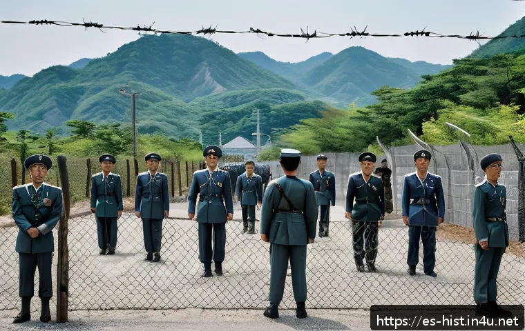 6 25 전쟁과 한반도 분단 - A detailed, realistic depiction of the heavily militarized Korean Demilitarized Zone (DMZ) at the 38...