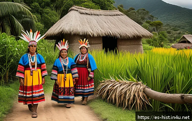 콜럼버스의 신대륙 발견과 원주민 영향 - A vibrant indigenous community scene set in pre-Columbian Latin America, showcasing traditional comm...