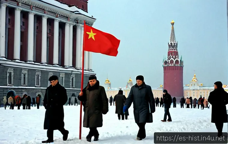 소련 해체와 러시아 역사 - Photorealistic historical editorial scene symbolizing the dissolution of the Soviet Union, a snowy M...