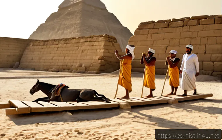 피라미드 건설과 고대 이집트 노동 - Photorealistic historical reconstruction of ancient Egyptian laborers hauling a massive limestone bl...